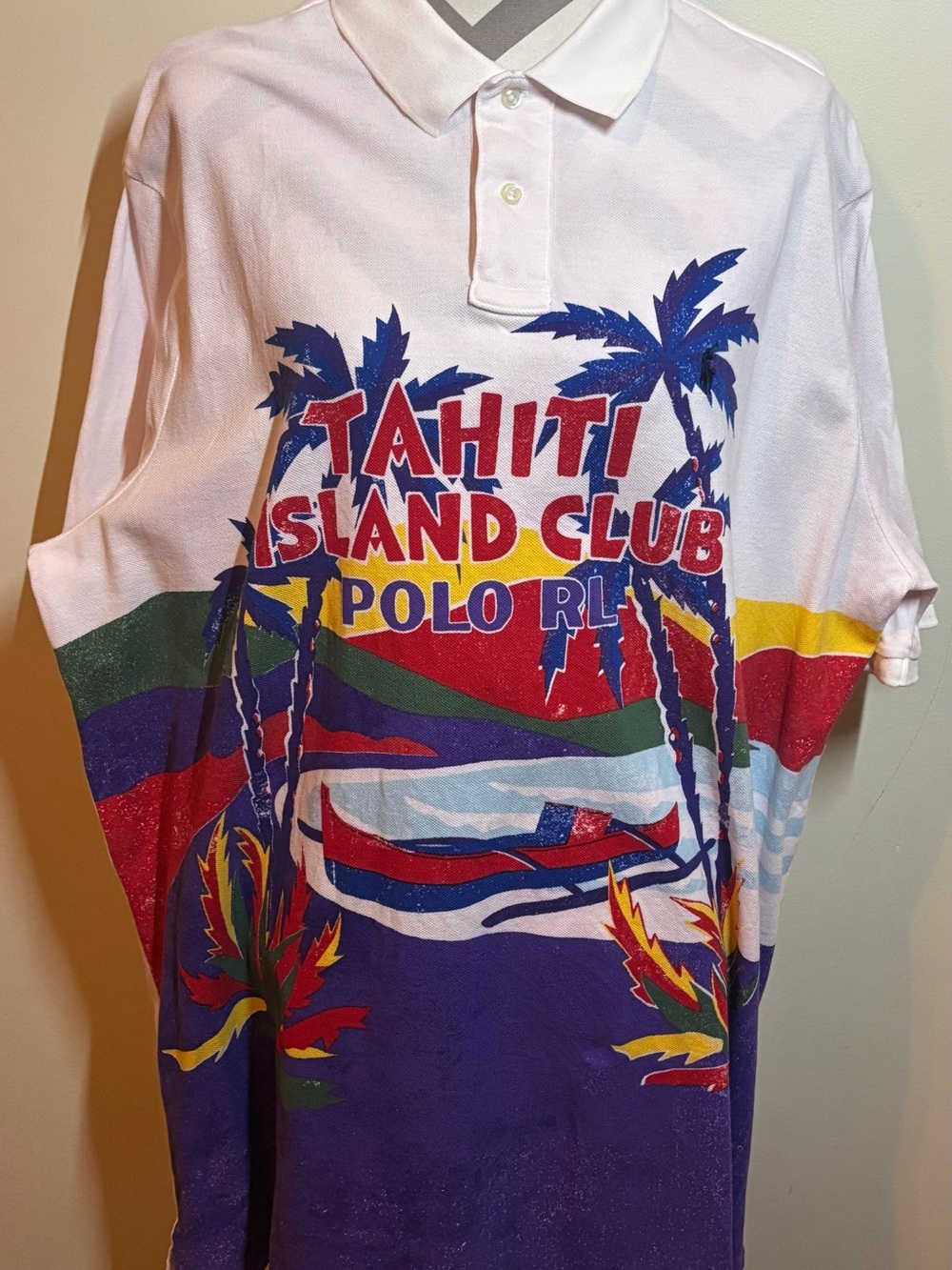 Polo by Ralph Lauren White Pink Multicolor Tahiti Island Graphic Polo
